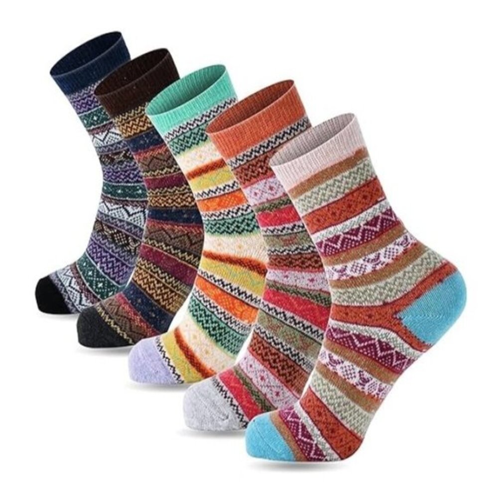 Wool Socks for Women, 5 Pairs Winter Warm Thick Crew Knit Socks Vintage Cozy Sof